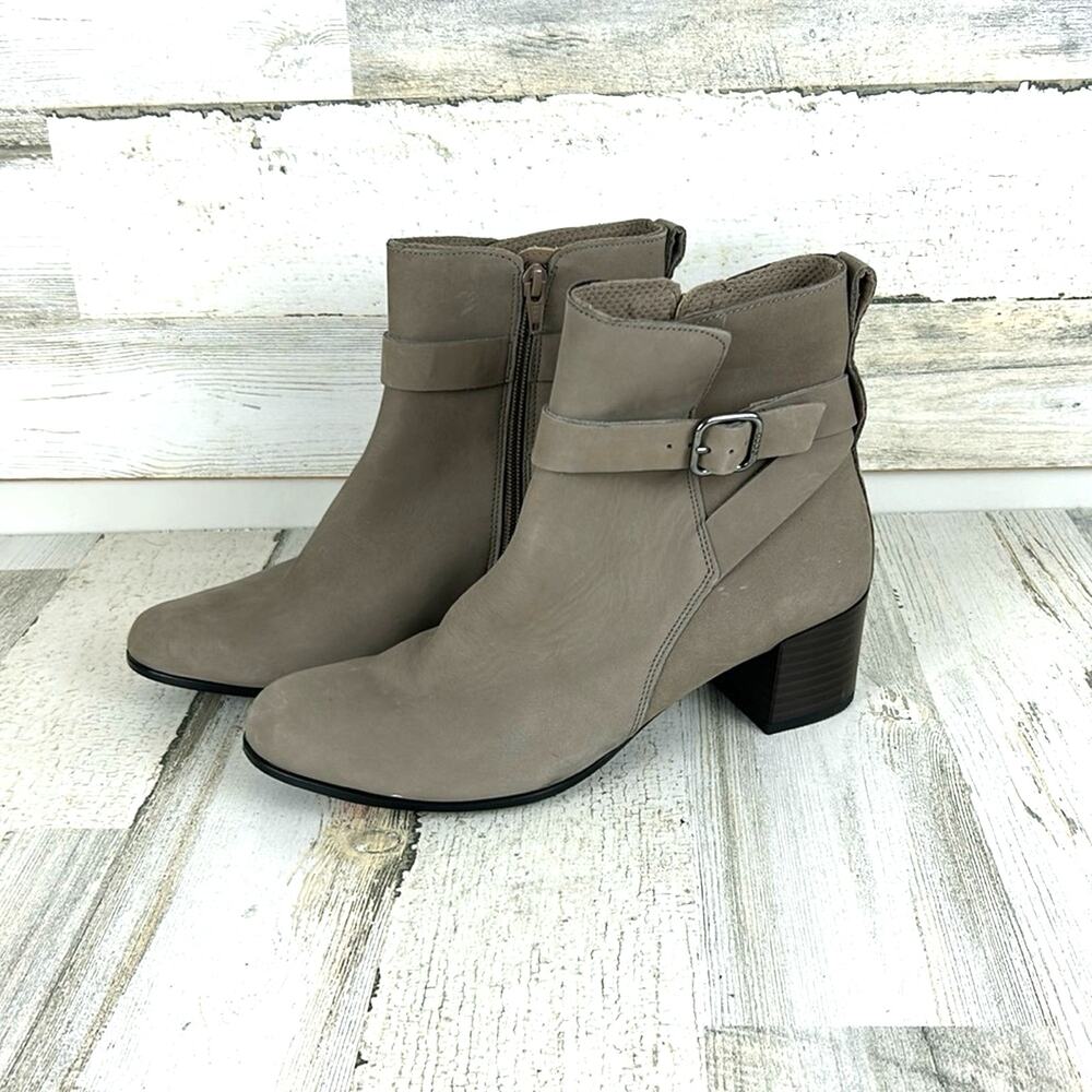 Ecco Womens 8 Gray Taupe Leather Buckle Zip Block Heel Ankle Boots NEW